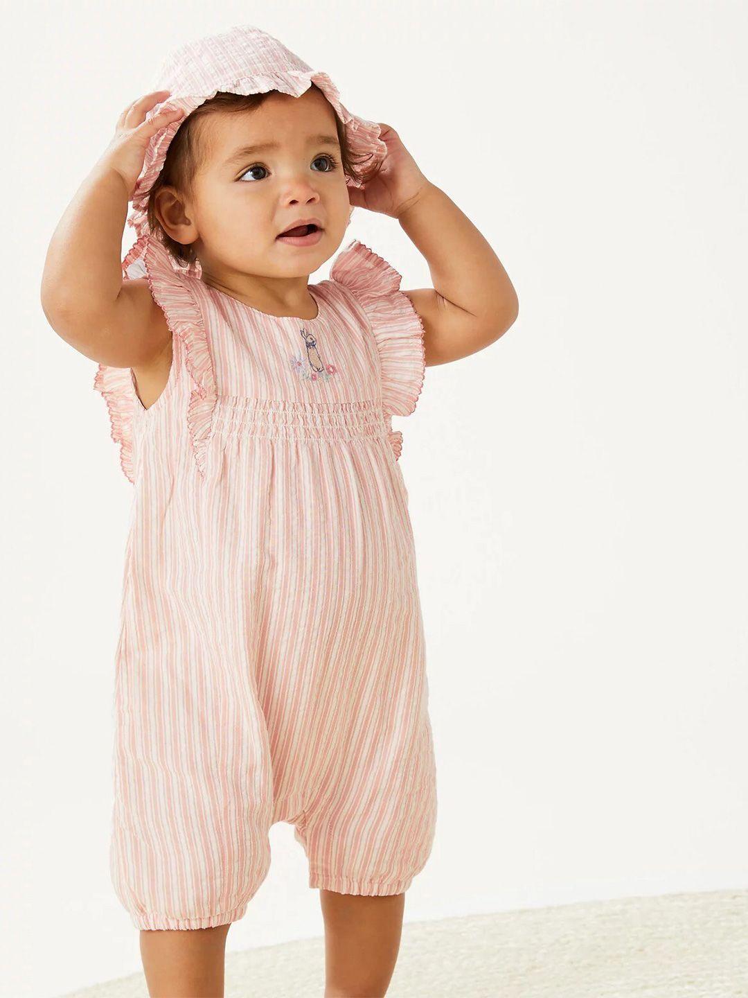 Marks & Spencer Girls Striped Ruffled Pure Cotton Rompers With Hat
