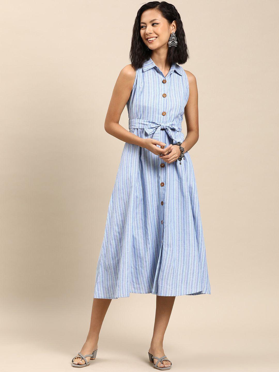 anayna-striped-a-line-cotton-midi-dress