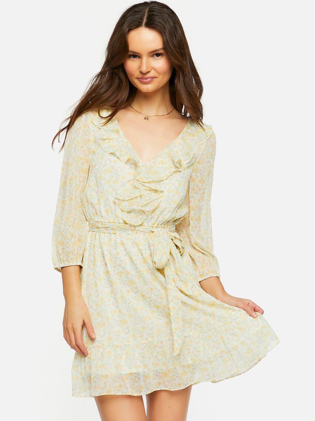 forever-21-yellow-floral-printed-ruffled-tie-ups-fit-&-flare-dress-with-belt