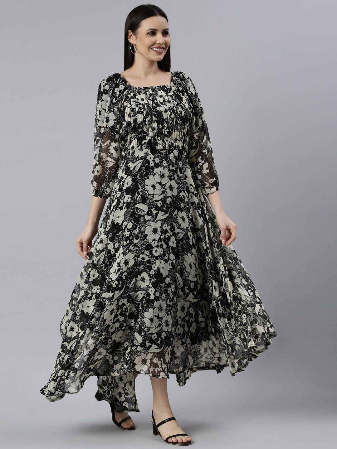 Souchii Floral Printed Square Neck Puff Sleeves Smocked Fit & Flare Dress