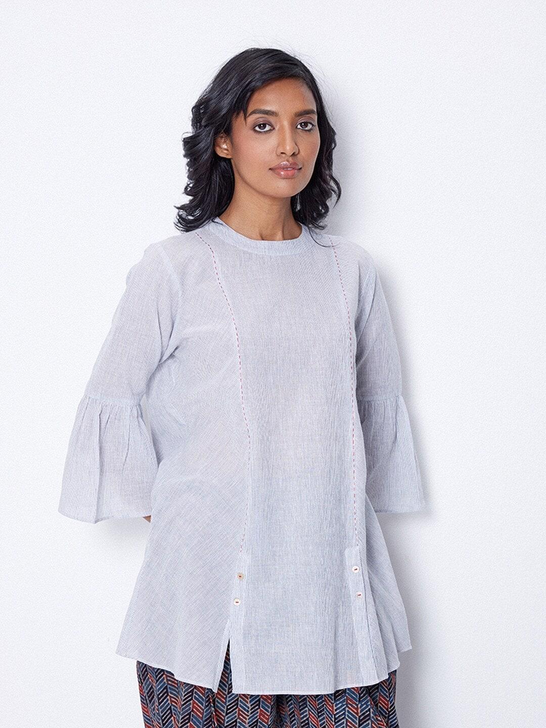 ancestry-off-white-striped-bell-sleeve-cotton-top