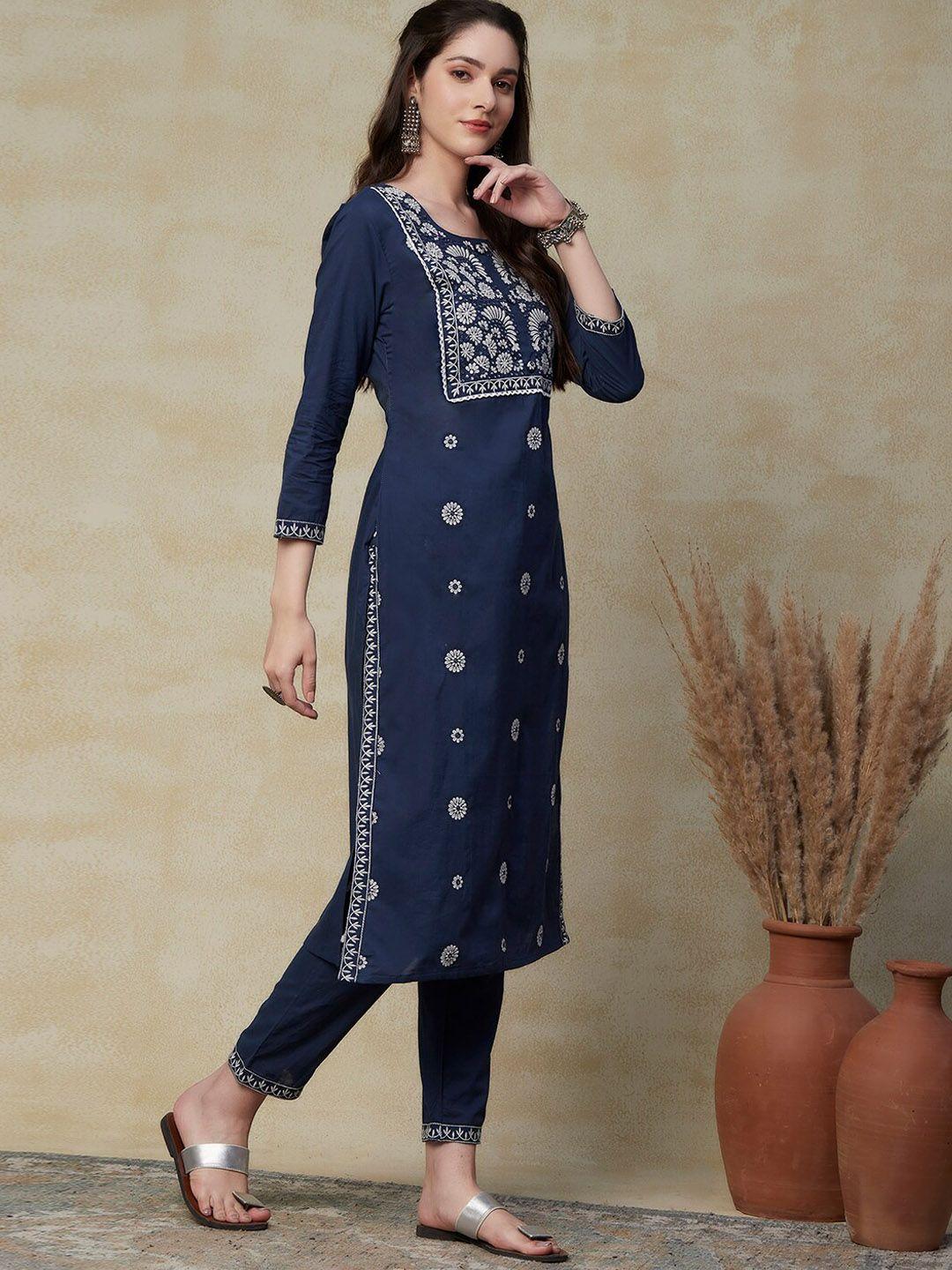 FASHOR Navy Blue Floral Embroidered Mirror Work Pure Cotton Straight Kurta With Trousers