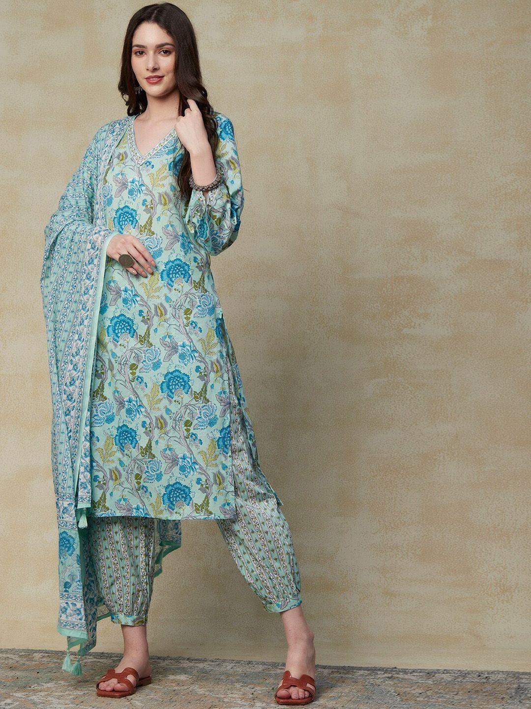 FASHOR Blue & Green Floral Printed Pure Cotton Kurta with Salwar & Dupatta