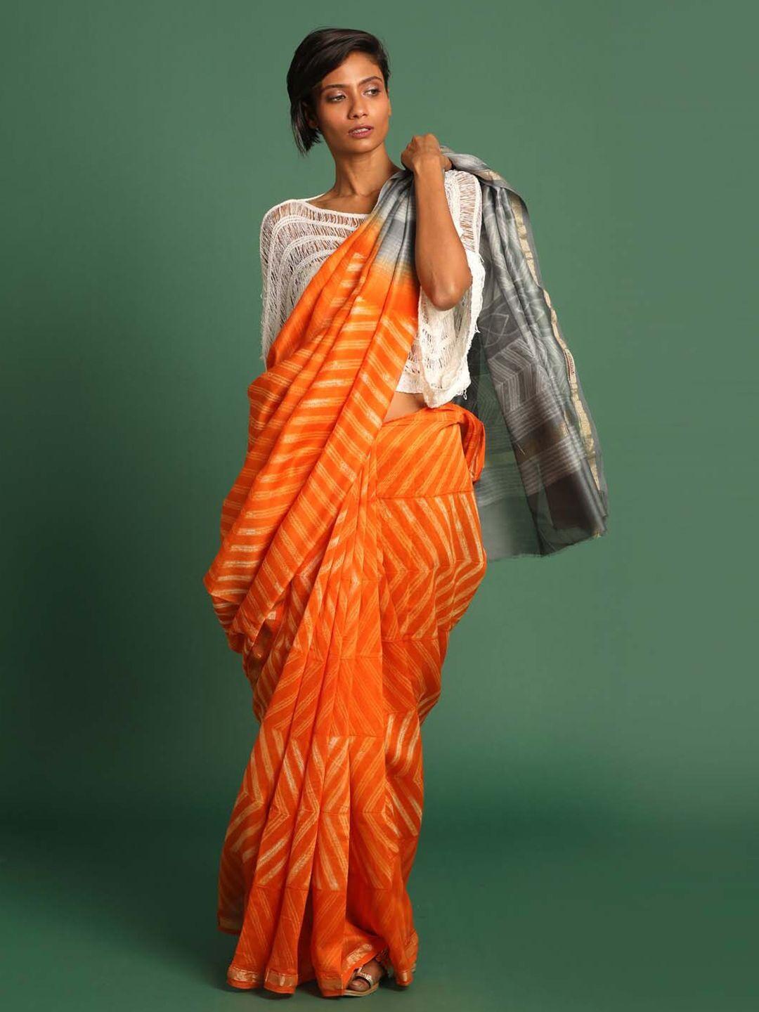 indethnic-orange-&-grey-striped-zari-silk-cotton-chanderi-saree