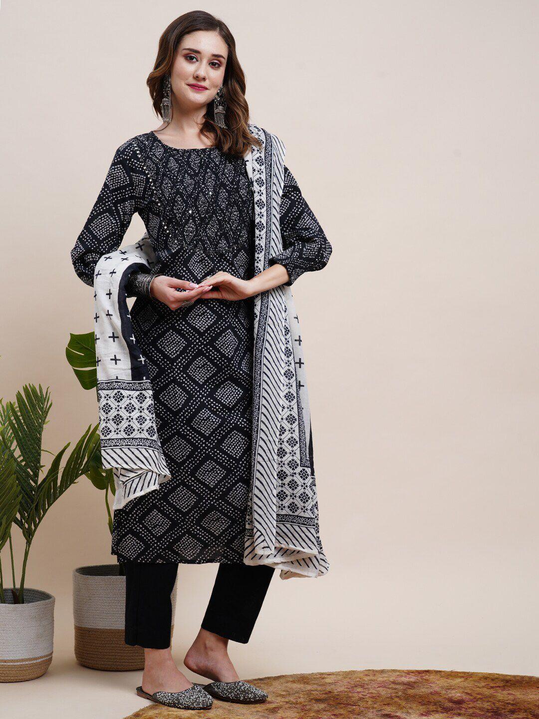 fashor-black-geometric-printed-mirror-work-pure-cotton-kurta-&-trousers-with-dupatta