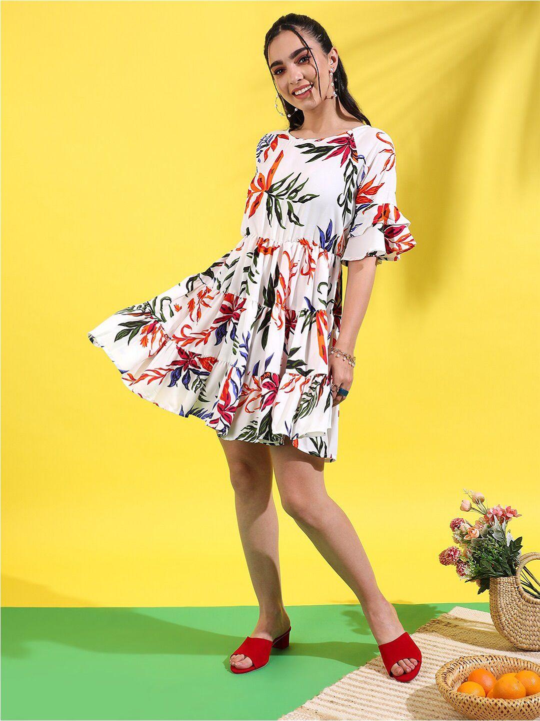 campus-sutra-white-tropical-printed-bell-sleeves-gathered-tiered-fit-&-flare-dress