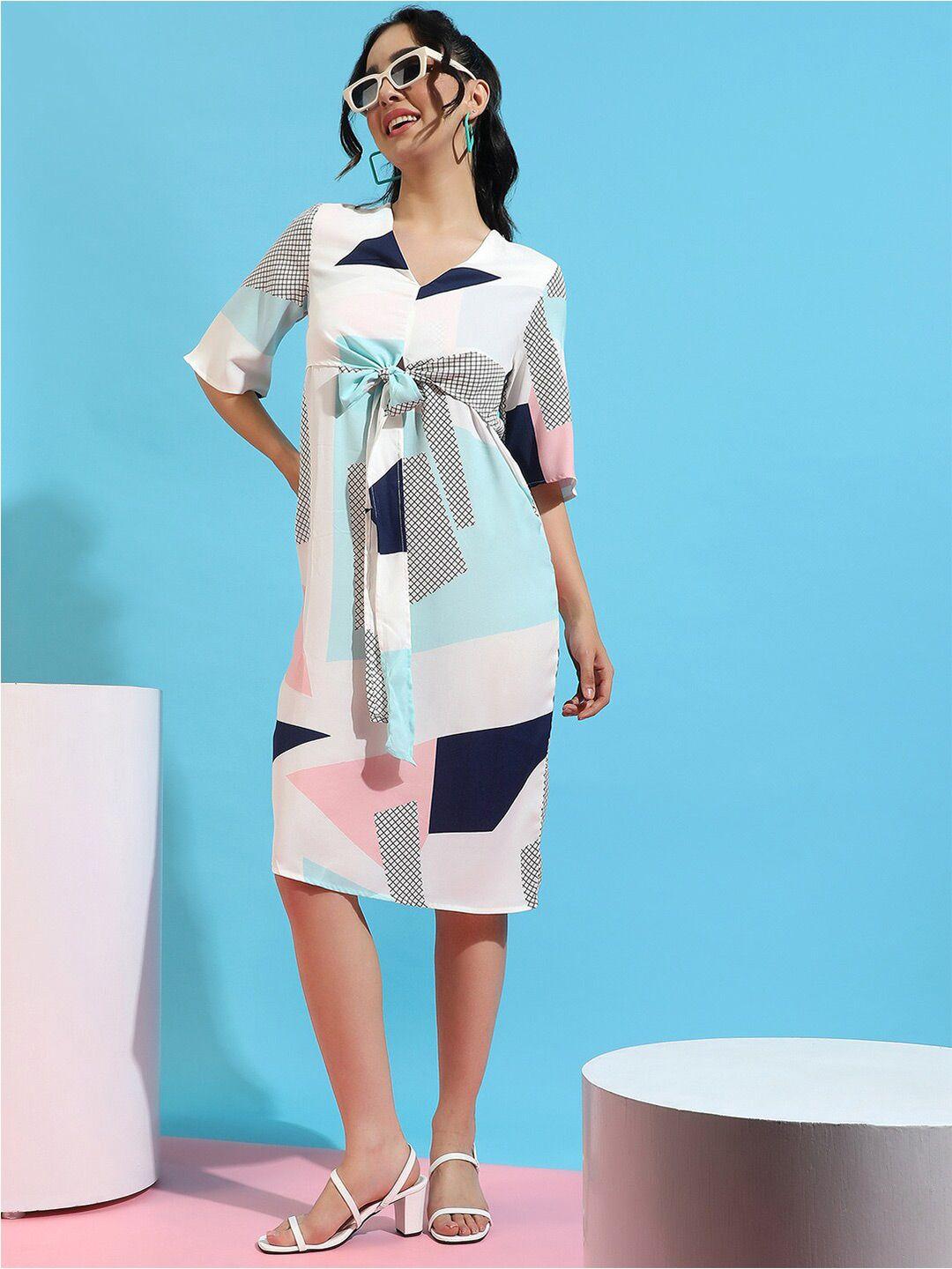 campus-sutra-white-geometric-printed-flared-sleeves-tie-ups-a-line-dress
