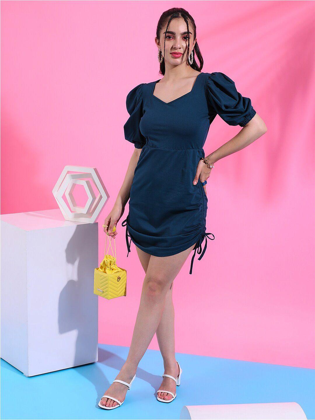 campus-sutra-navy-blue-puff-sleeves-tie-ups-ruched-sheath-mini-dress