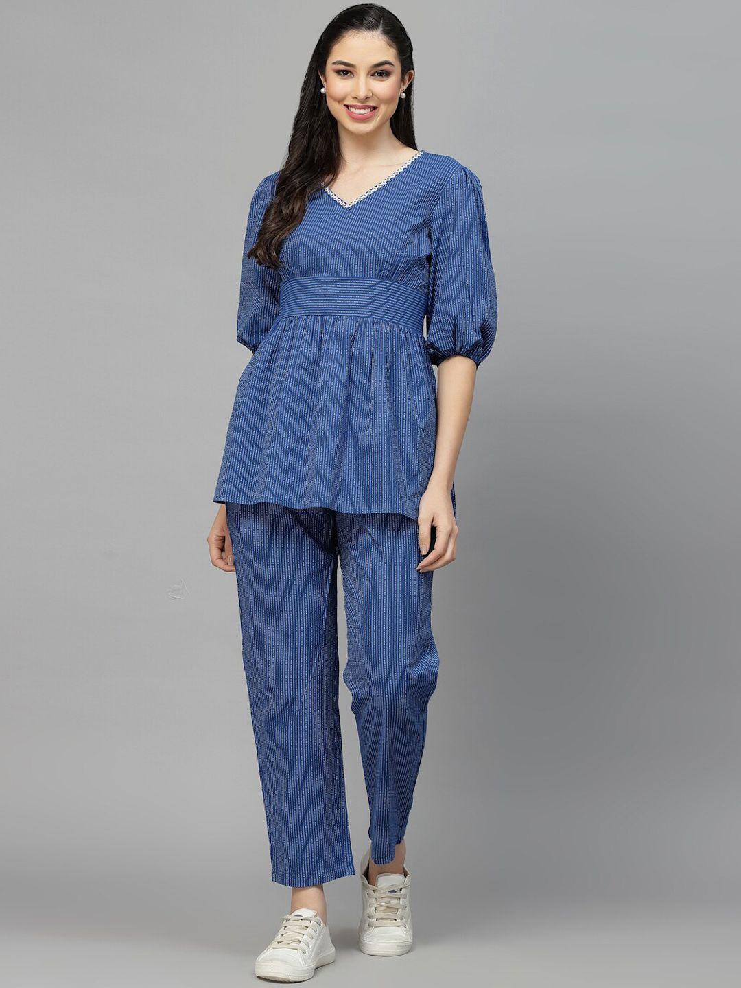 Stylum Blue Striped Pure Cotton Top And Trousers