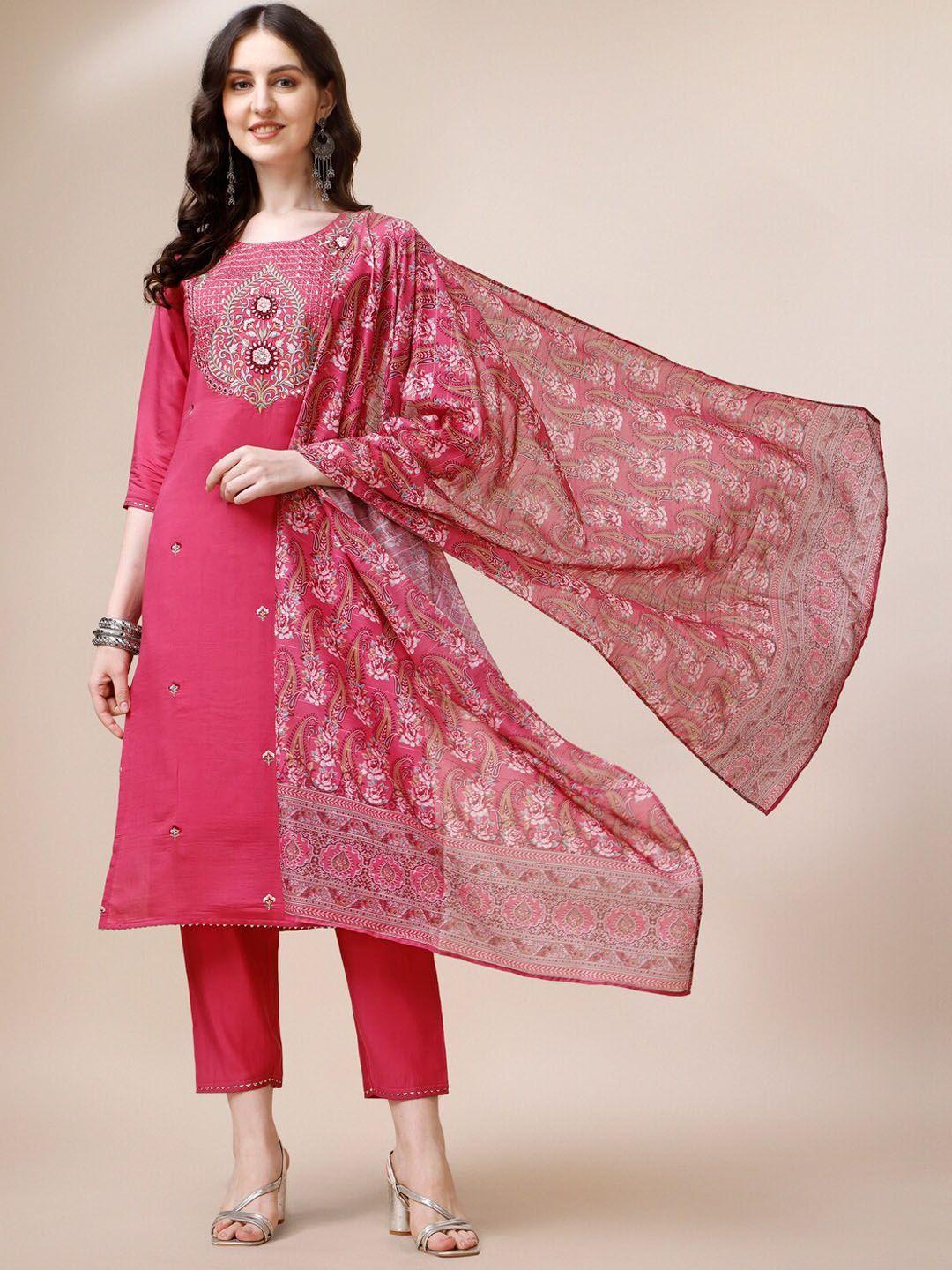 Berrylicious Ethnic Motifs Embroidered Sequined Straight Kurta & Trousers With Dupatta