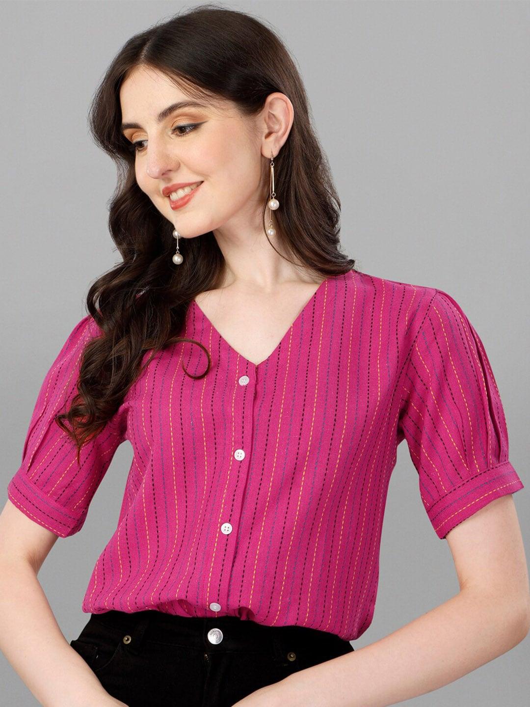 Kinjo Striped Puff Sleeve Shirt Style Cotton Top