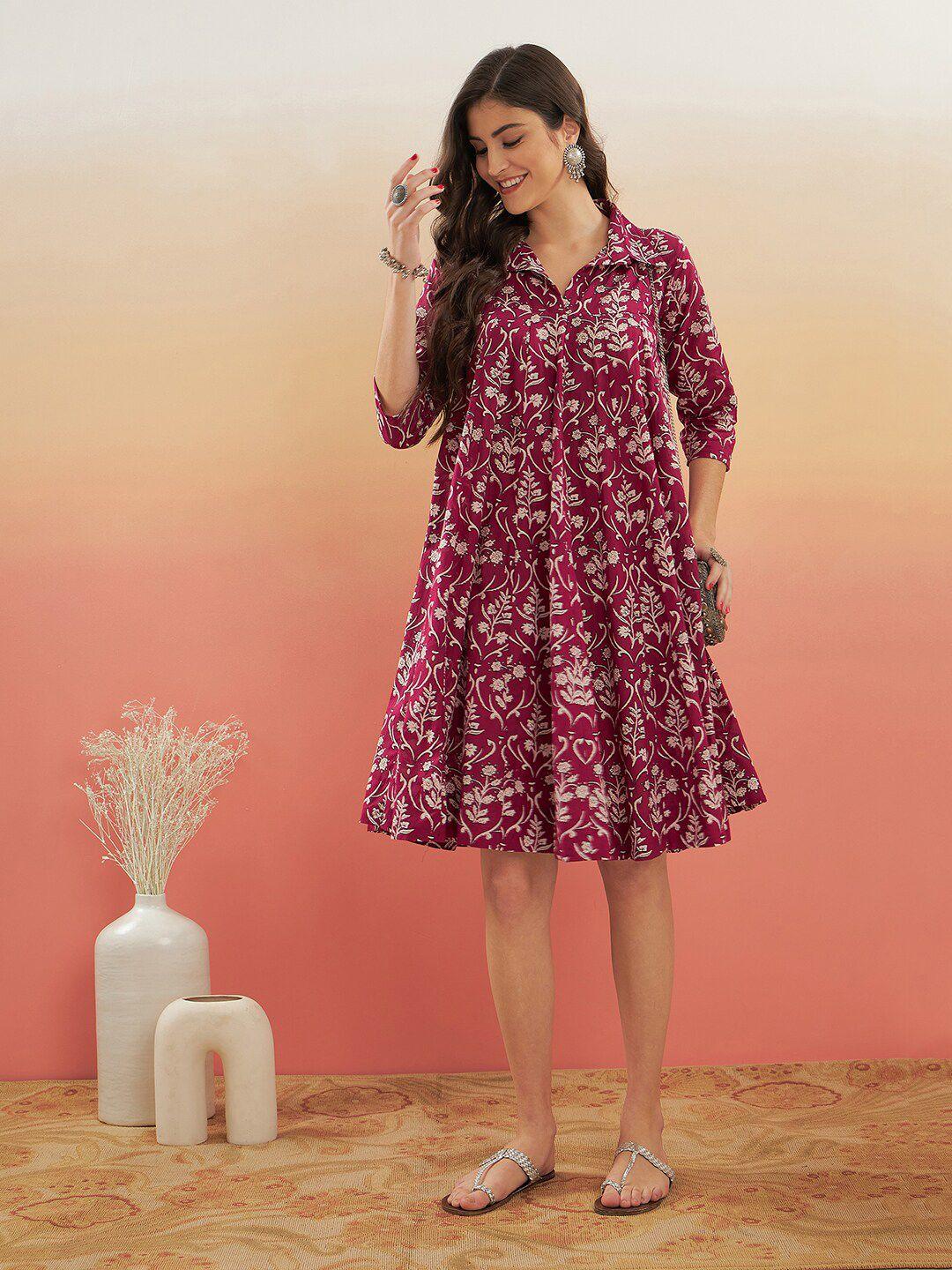 InWeave Floral Printed Shirt Collar Pleated A-Line Dress