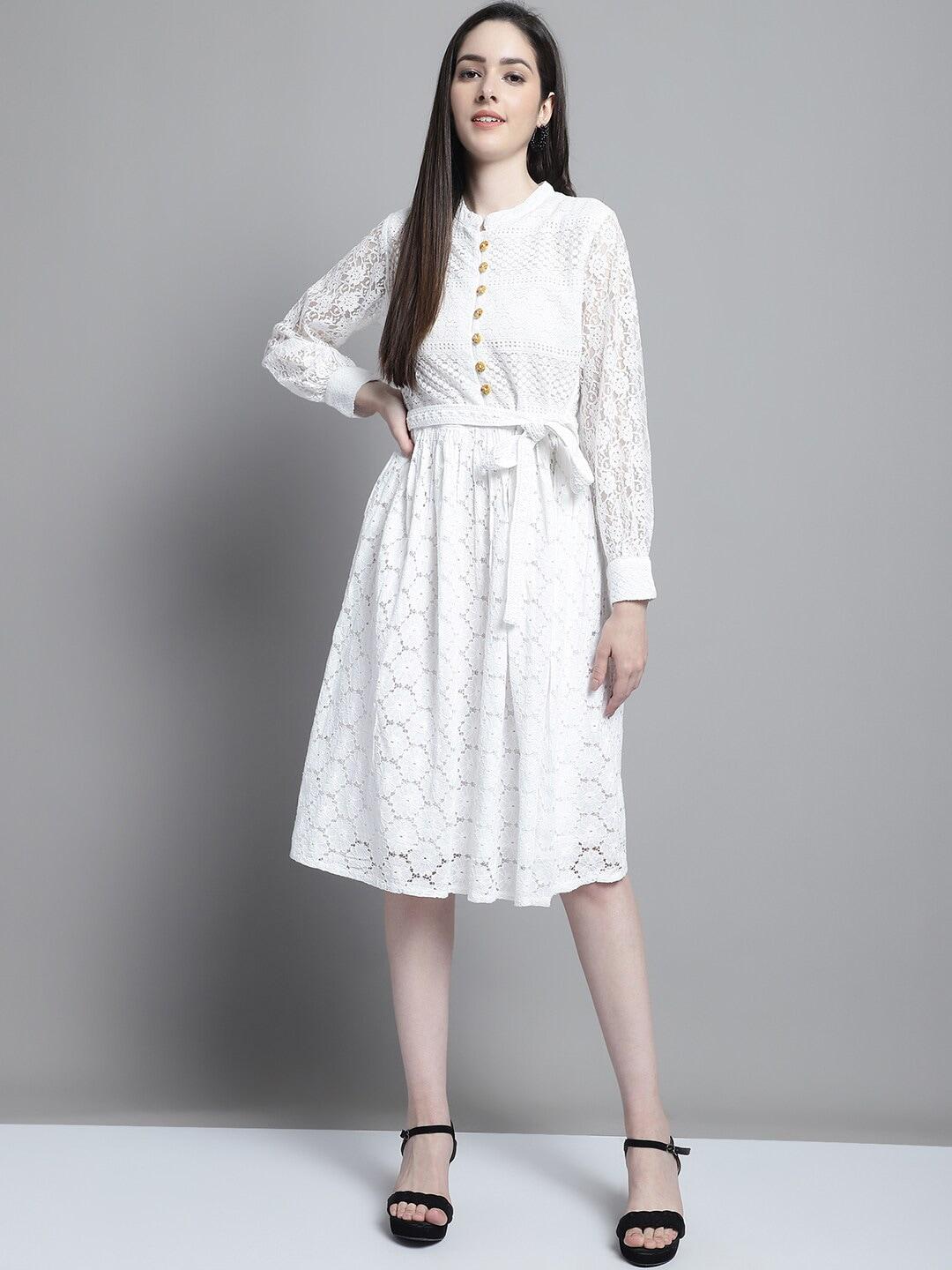 Tulsattva Self Design Mandarin Collar Belted Pure Cotton A-Line Dress