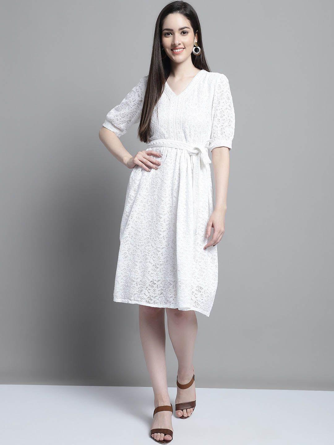 Tulsattva Self Design V-Neck Belted Pure Cotton A-Line Dress