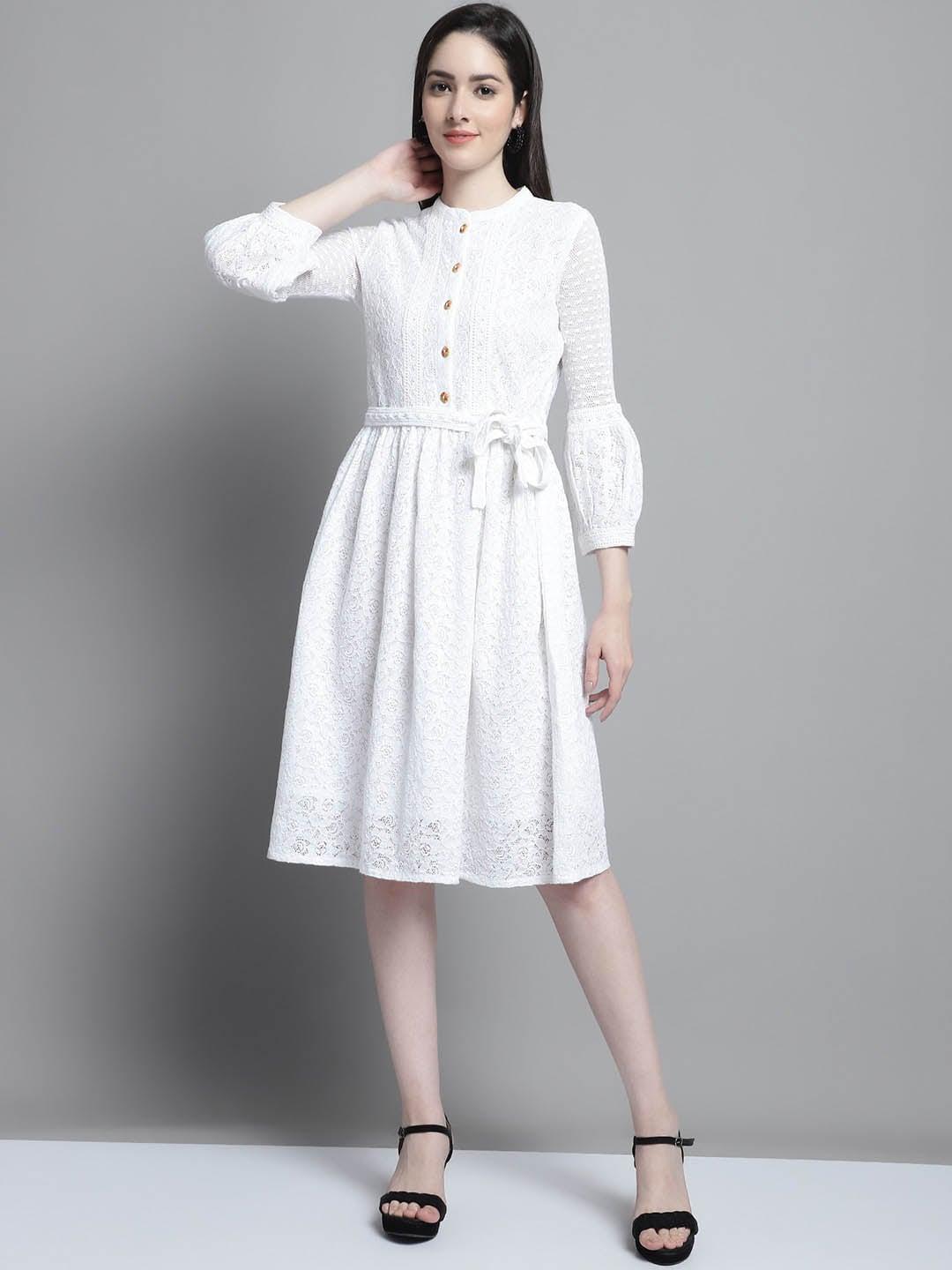 Tulsattva Self Design Mandarin Collar Belted Pure Cotton A-Line Dress