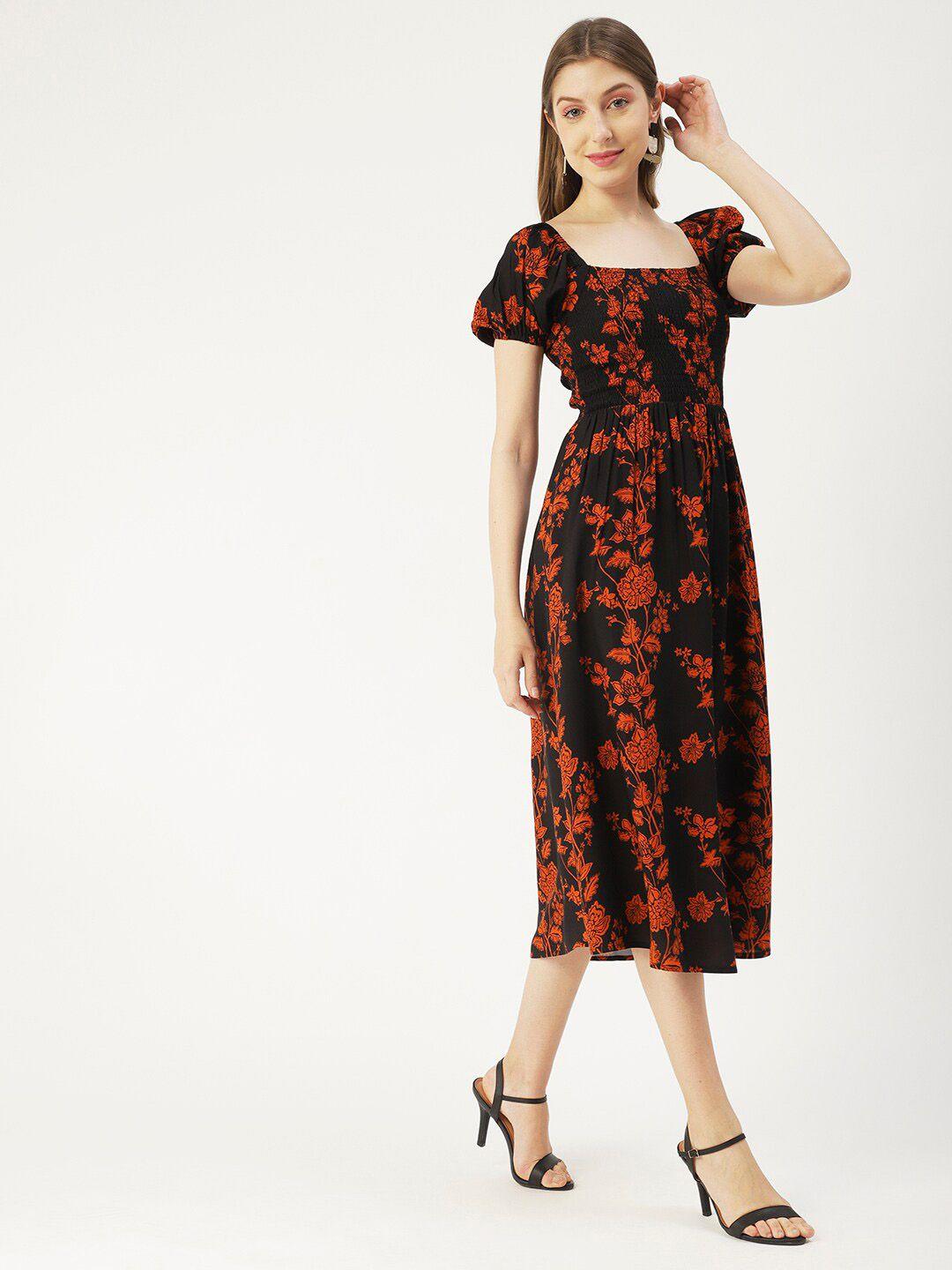 moomaya-square-neck-floral-printed-puff-sleeve-fit-&-flare-midi-dress