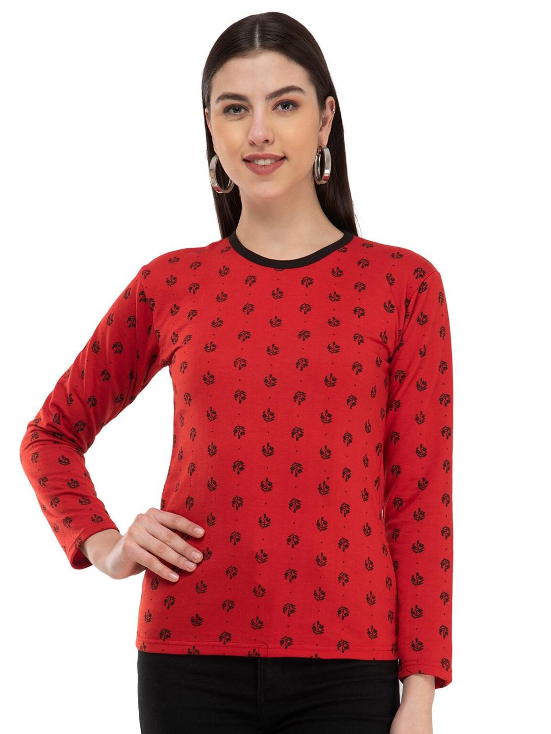 IndiWeaves Women Red Printed Drop-Shoulder Sleeves Woollen T-shirt