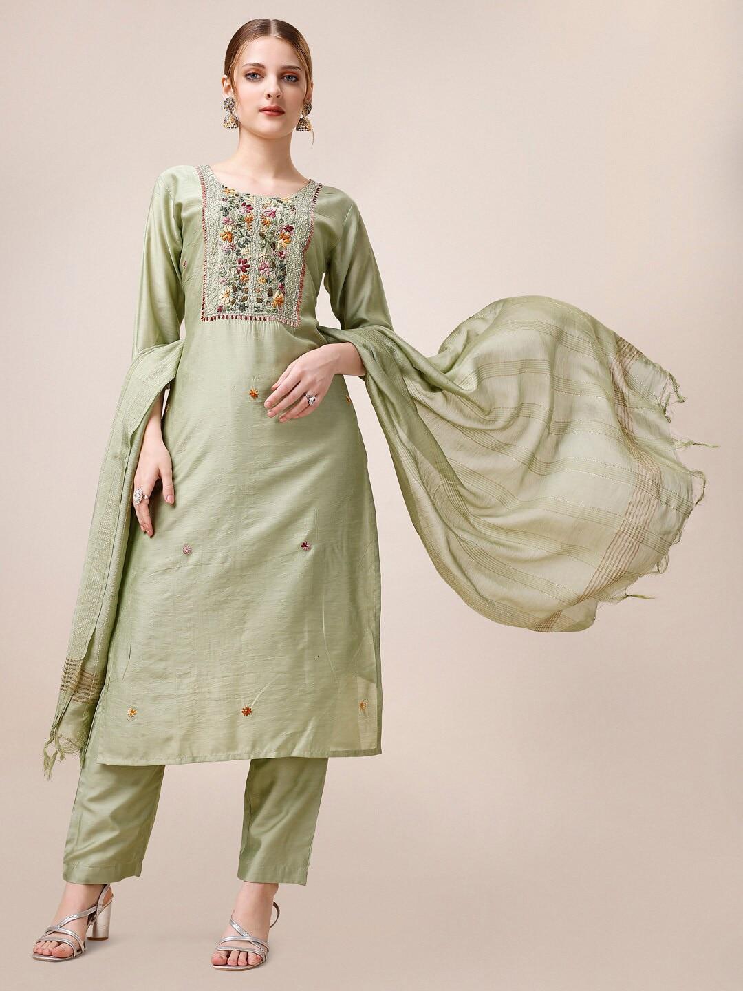Berrylicious Yoke Design Embroidered Chanderi Cotton Kurta with Trousers & With Dupatta
