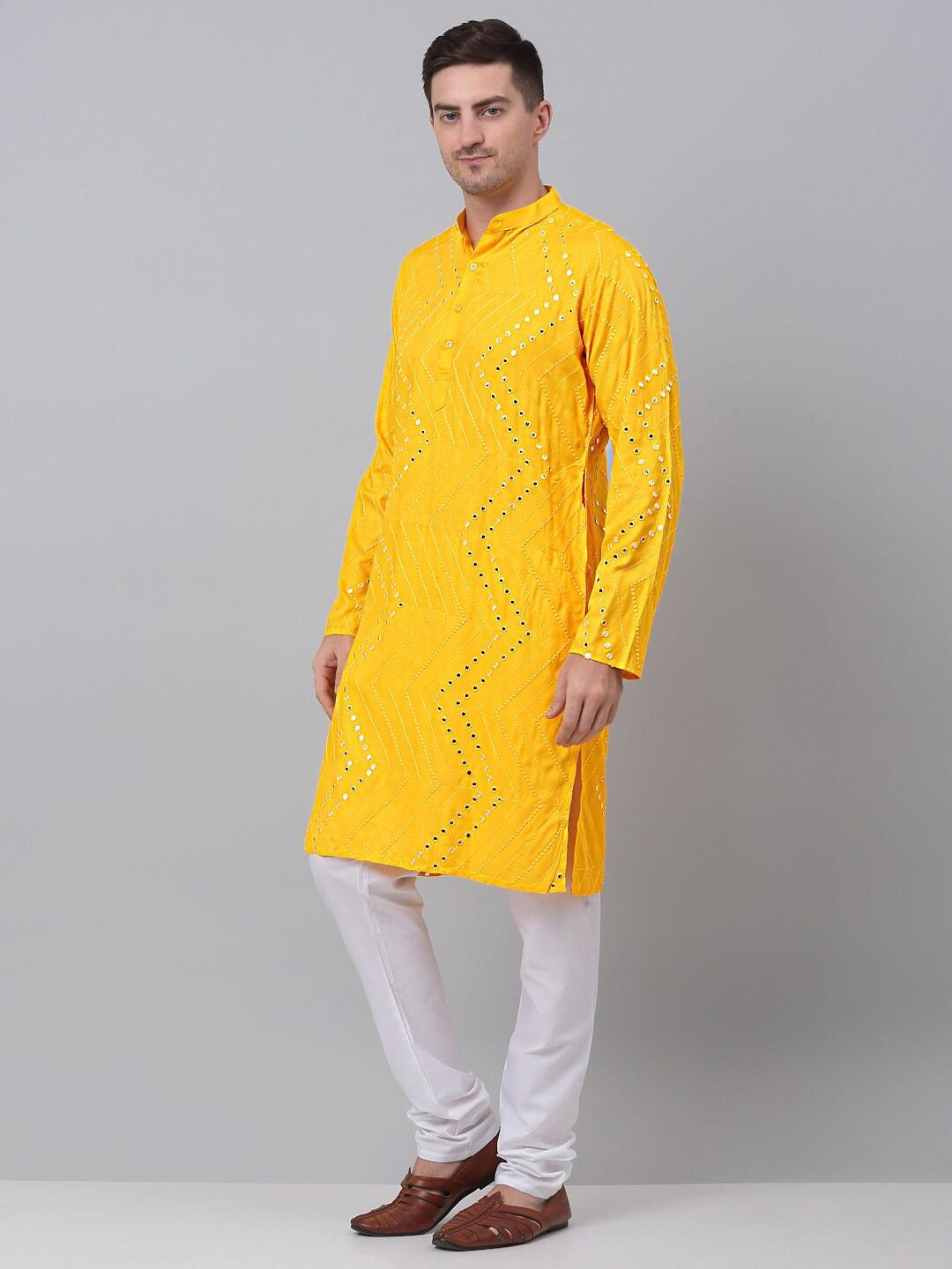 Jompers Men Yellow Embroidered Regular Mirror Work Pure Cotton Kurta with Churidar