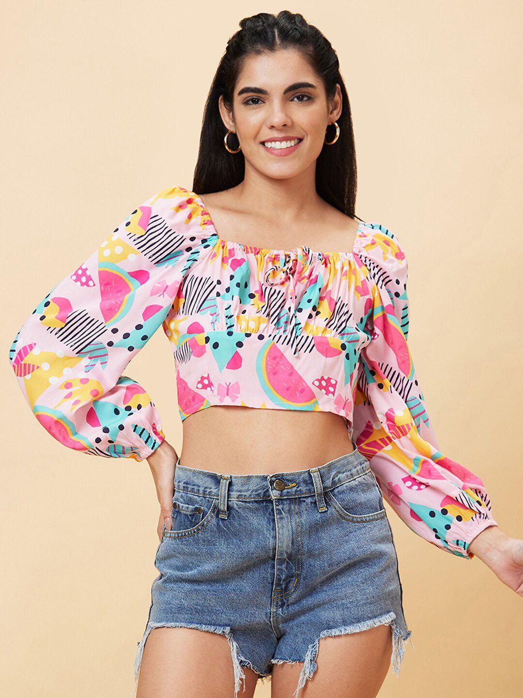 Globus Pink And Blue Conversational Printed Square Neck Puffed Sleeves Crop Cotton Top