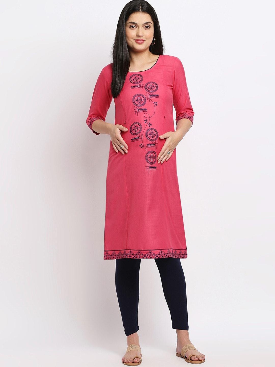 true-shape-women-pink-floral-embroidered-flared-sleeves-thread-work-maternity-kurta