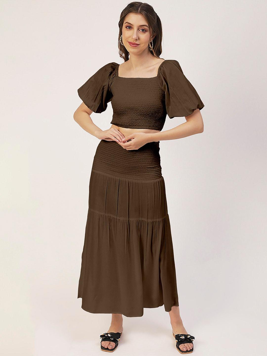 Moomaya High Waist Smocked Tiered Midi Skirt