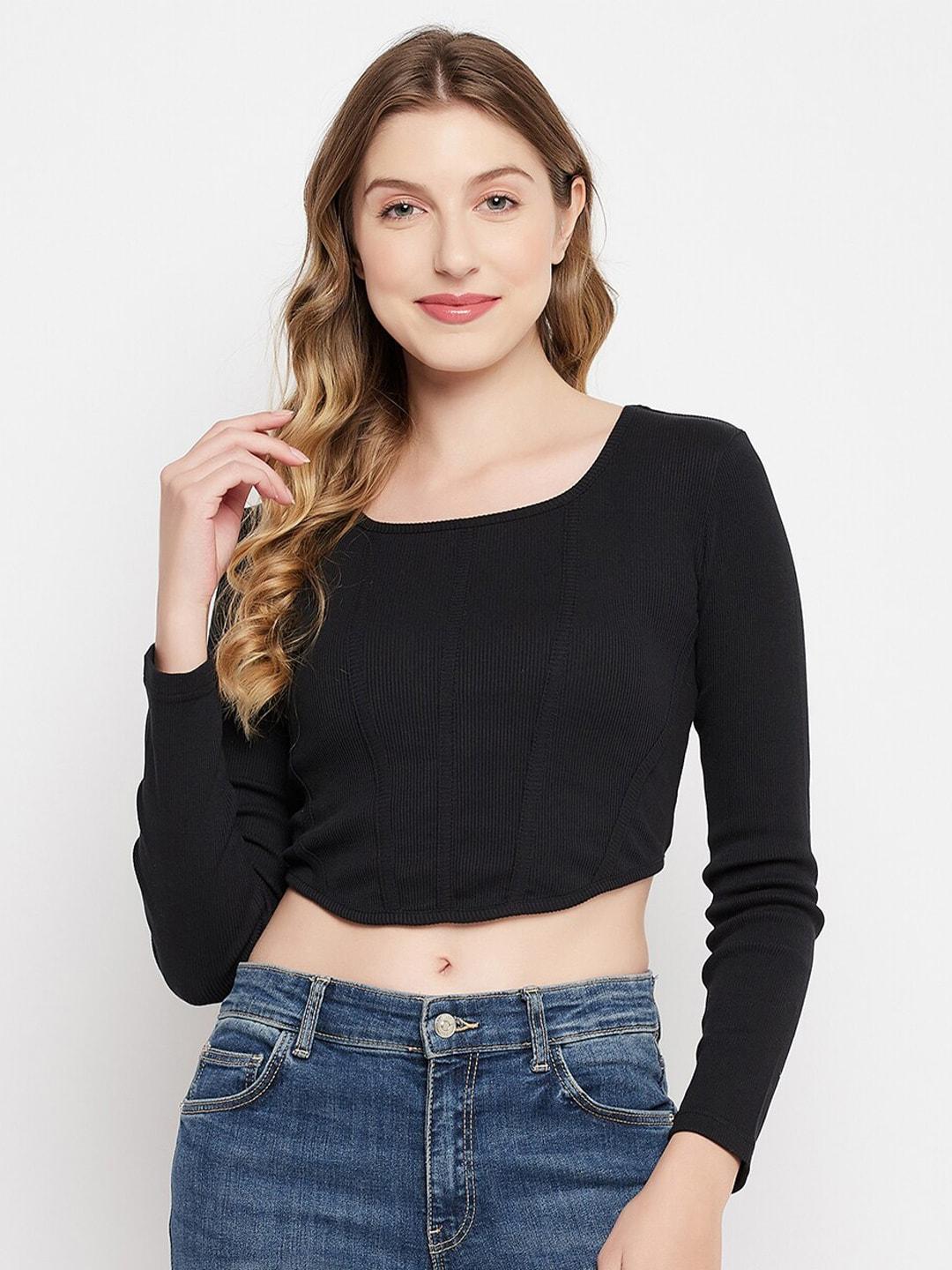 clovia-black-round-neck-cropped-crepe-fitted-top