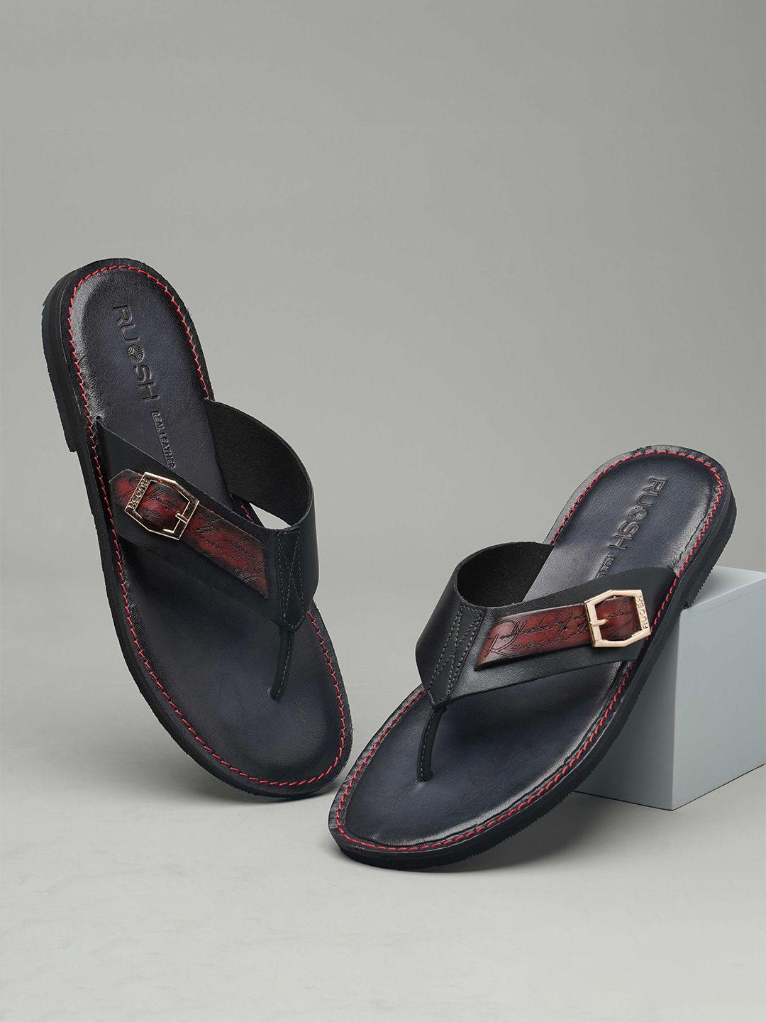 Ruosh Men Black & Gold-Toned Leather Comfort Sandals