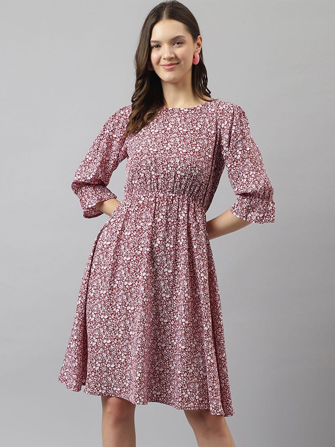 BAESD Maroon Floral Print Puff Sleeve Fit & Flare Dress