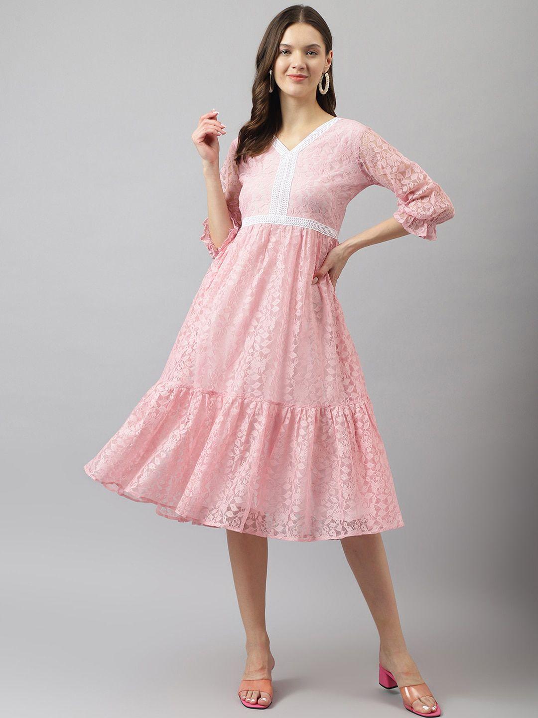 BAESD Pink Ethnic Motifs A-Line Midi Dress