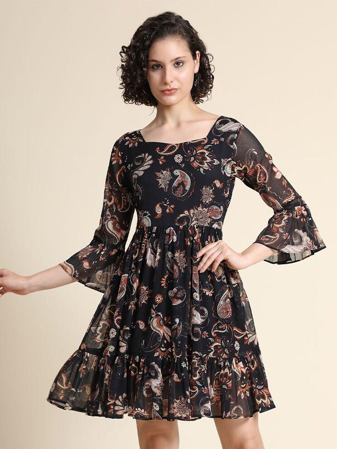 BAESD Black Floral Print Bell Sleeve Fit & Flare Dress