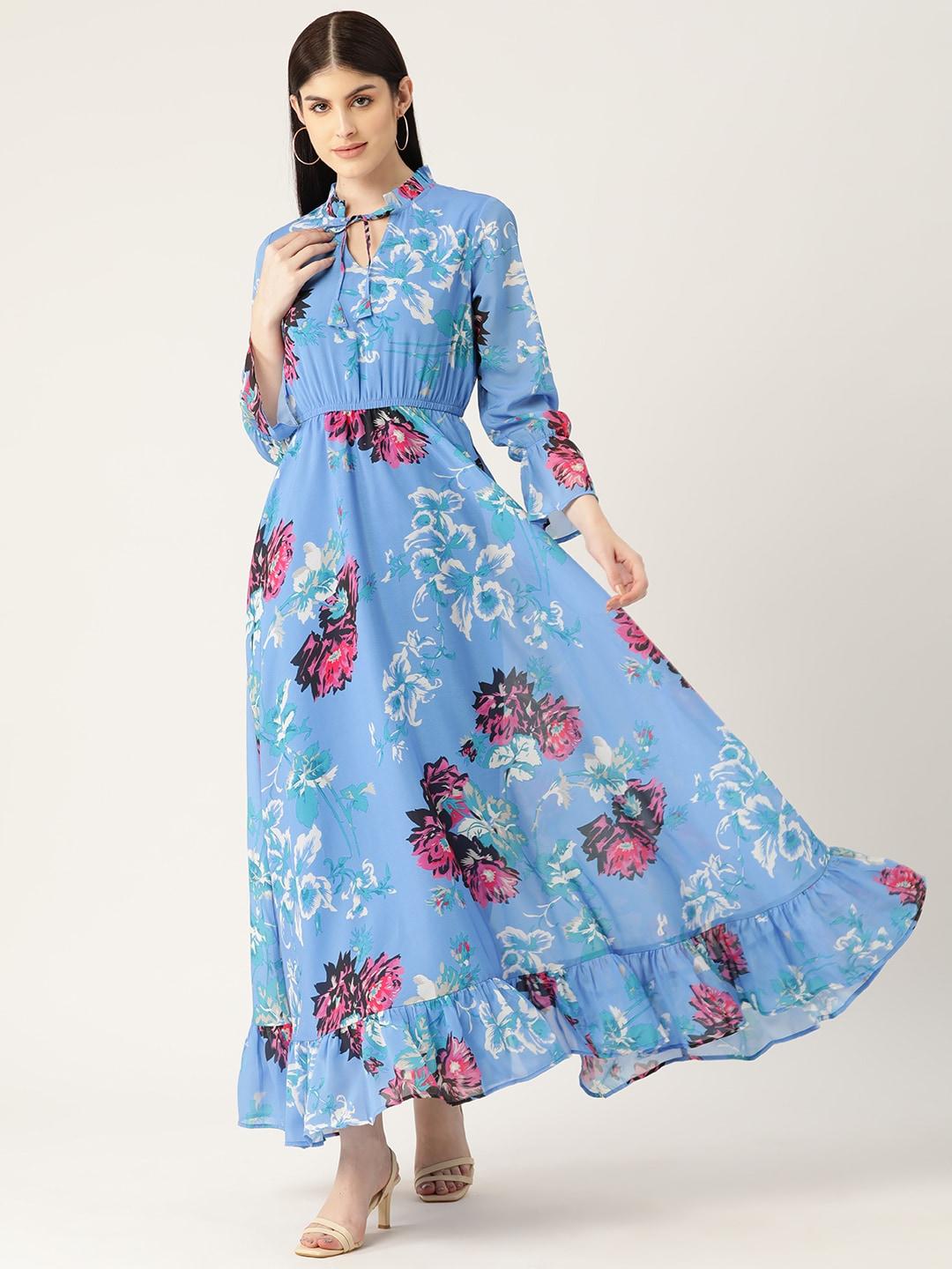 Deewa Floral Printed Tie-Up Neck Puff Sleeve Georgette Fit & Flare Maxi Dress