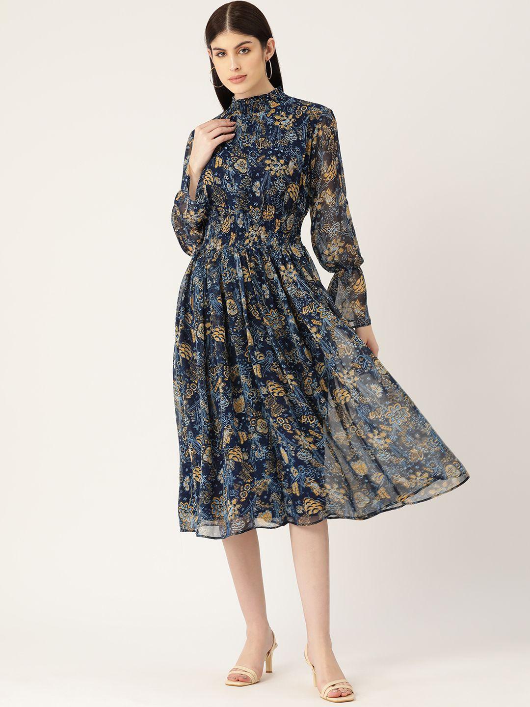 Deewa Floral Printed Puff Sleeve Georgette Drop-Waist Maxi Dress