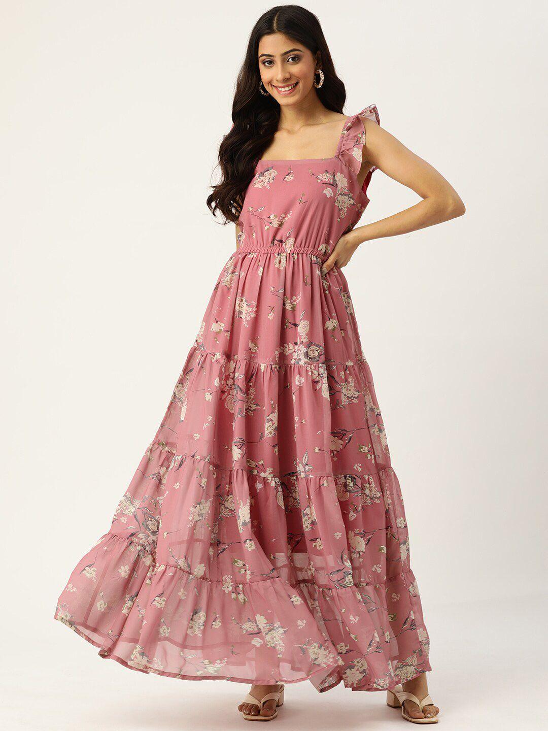 DressBerry Pink & Beige Floral Printed Ruffled Fit & Flare Dress