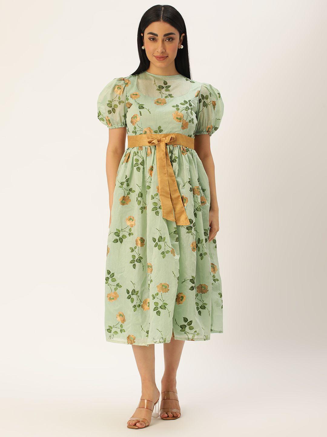 Ethnovog Floral Print Puff Sleeve A-Line Midi Dress