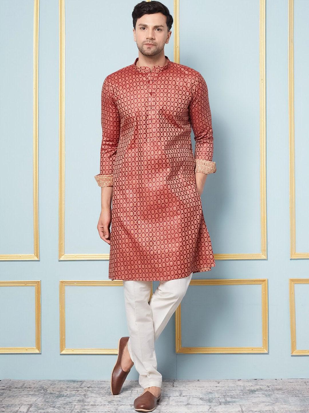 See Designs Geometric Woven Design Mandarin Collar Straight Kurta with Pyjamas