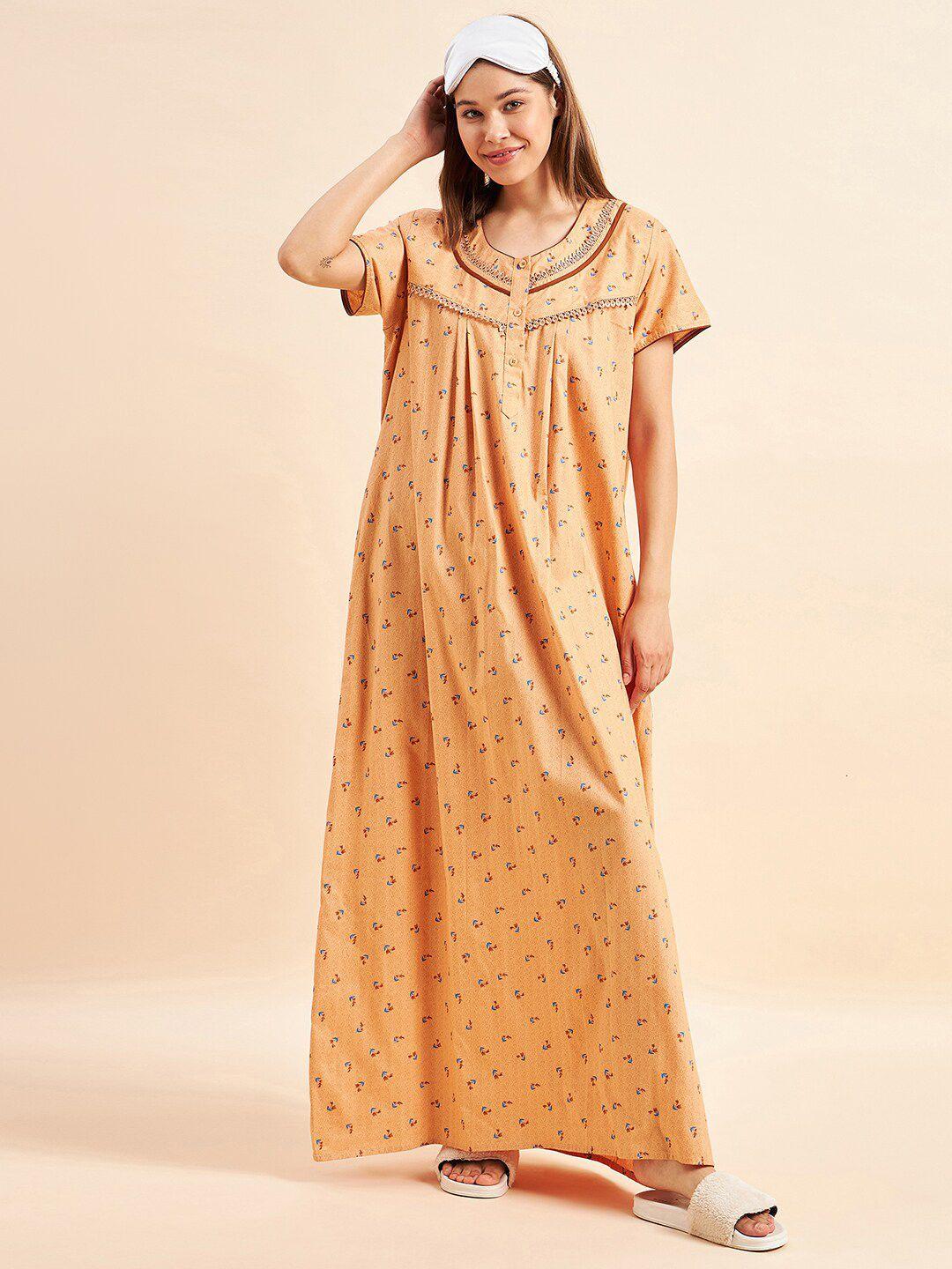 Sweet Dreams Peach Floral Printed Maxi Pure Cotton Nightdress