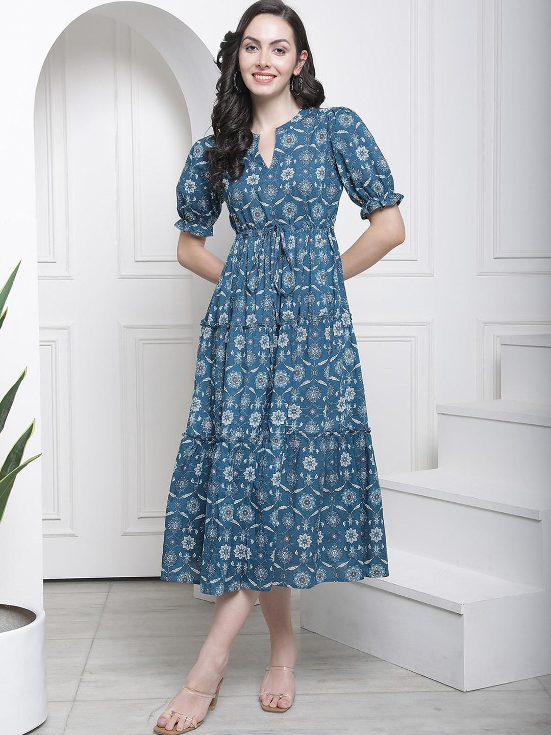 Claura Blue Floral Printed Mandarin Collar Tiered Cotton Cambric Fit & Flare Midi Dress