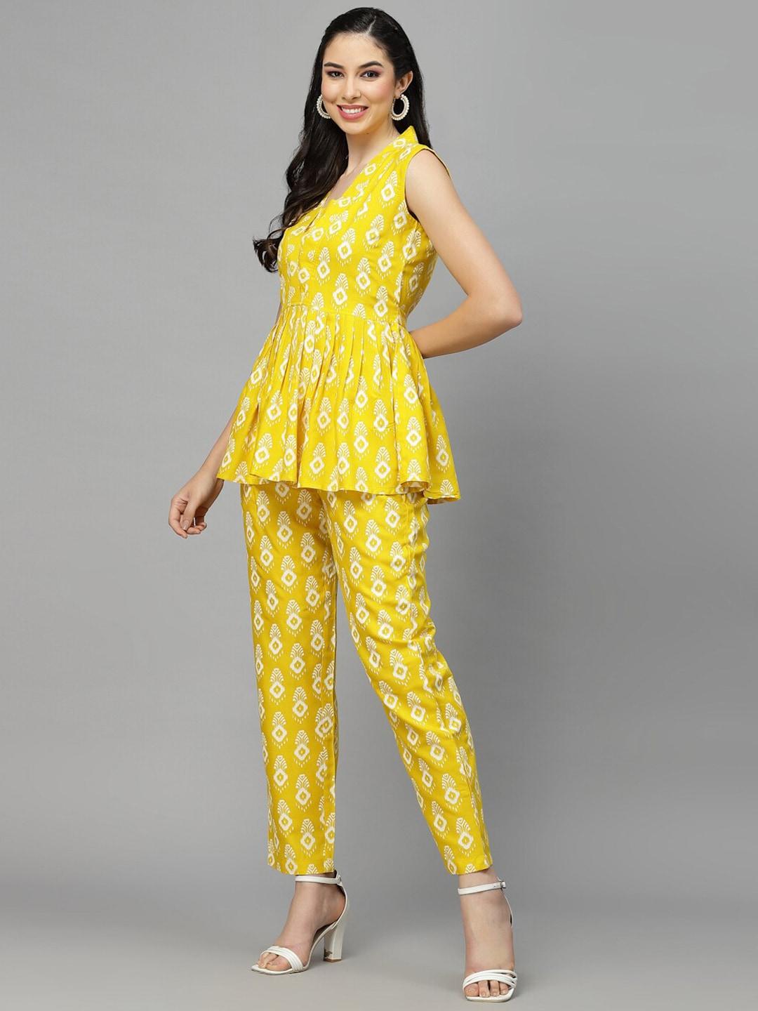 Stylum Yellow Ikat Printed V-Neck Top & Trousers Co-Ords Set