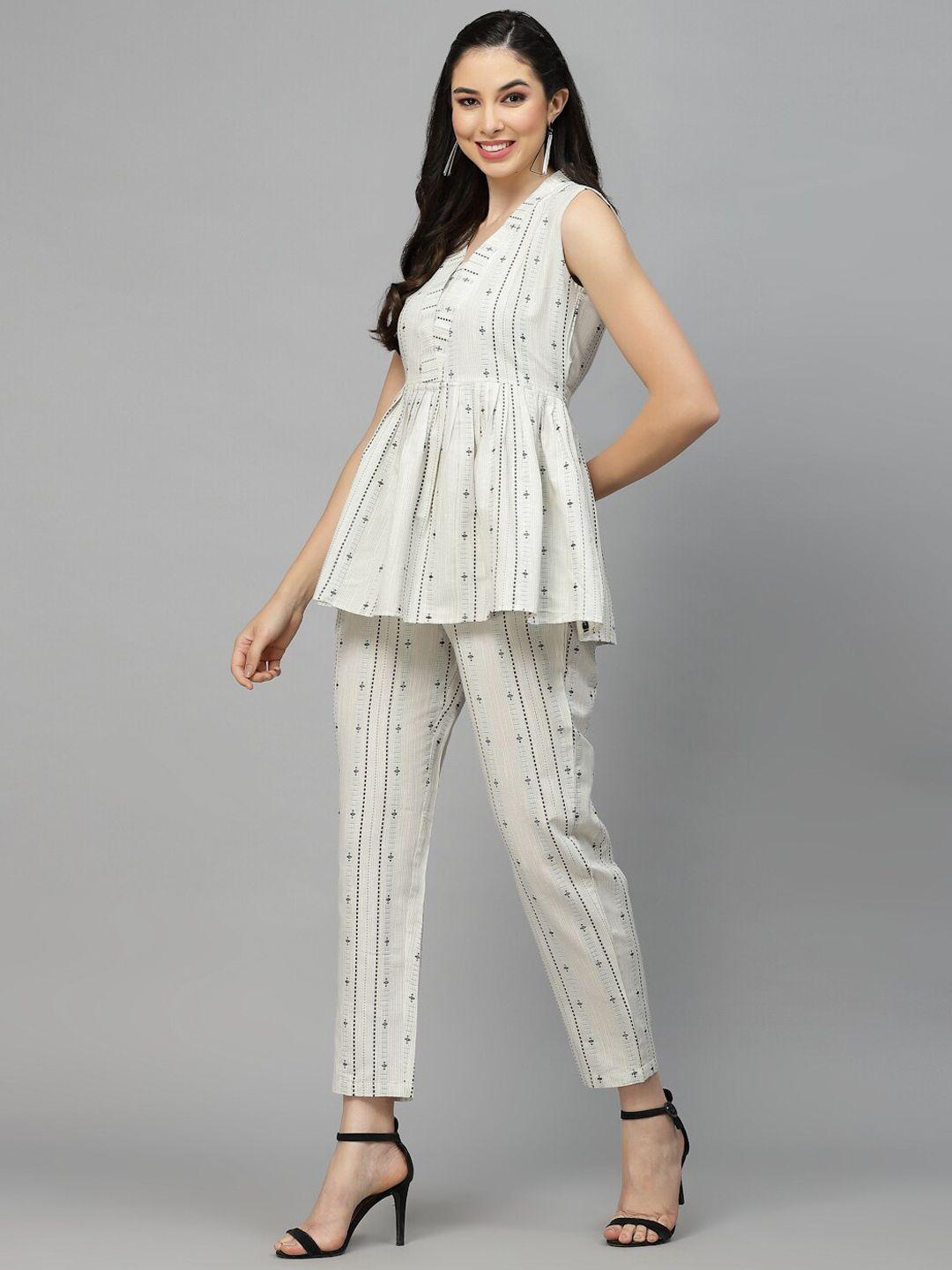 stylum-off-white-self-designed-v-neck-top-&-trousers-co-ord-set