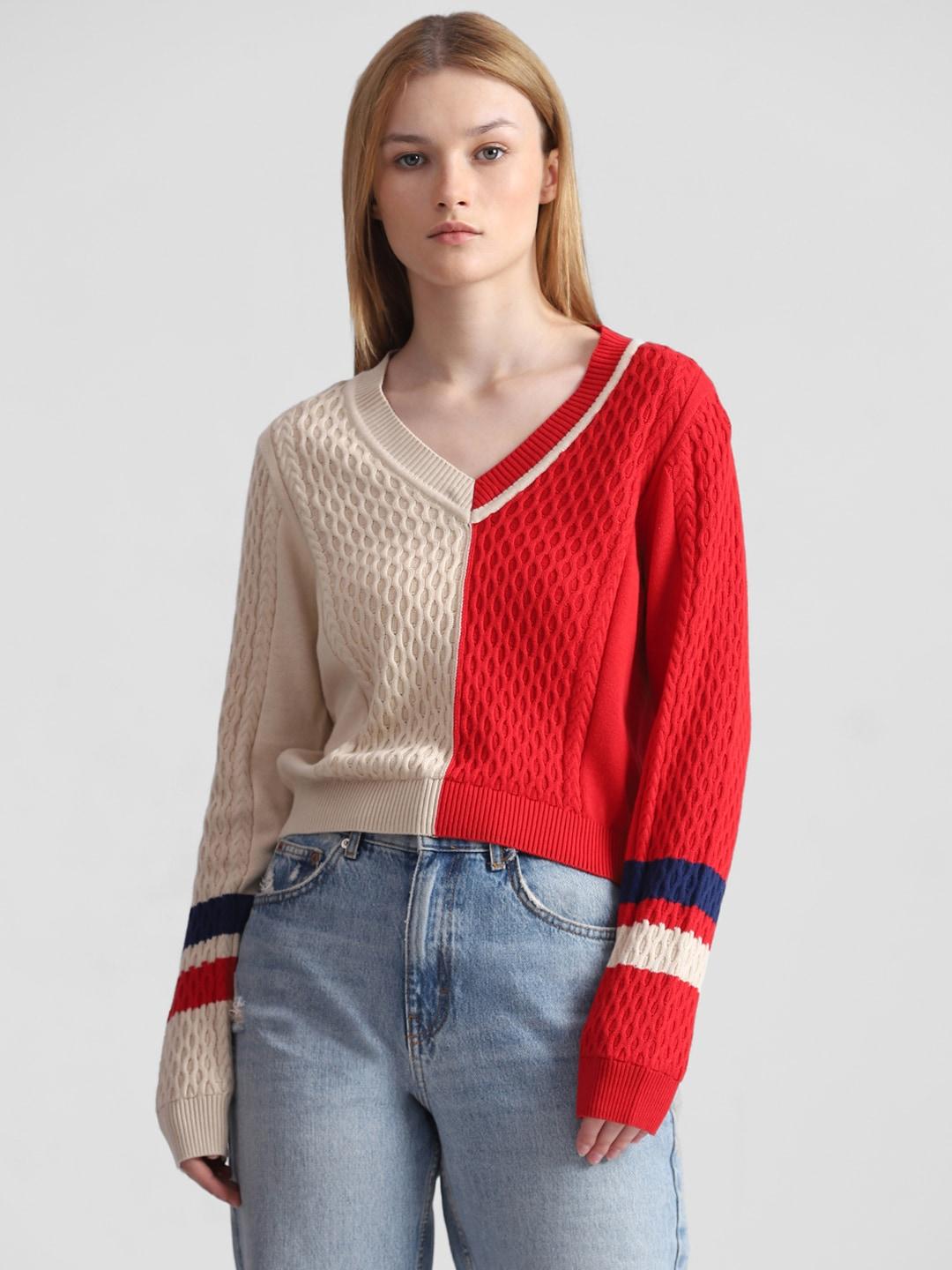 ONLY V-Neck Colourblocked Cotton Pullover