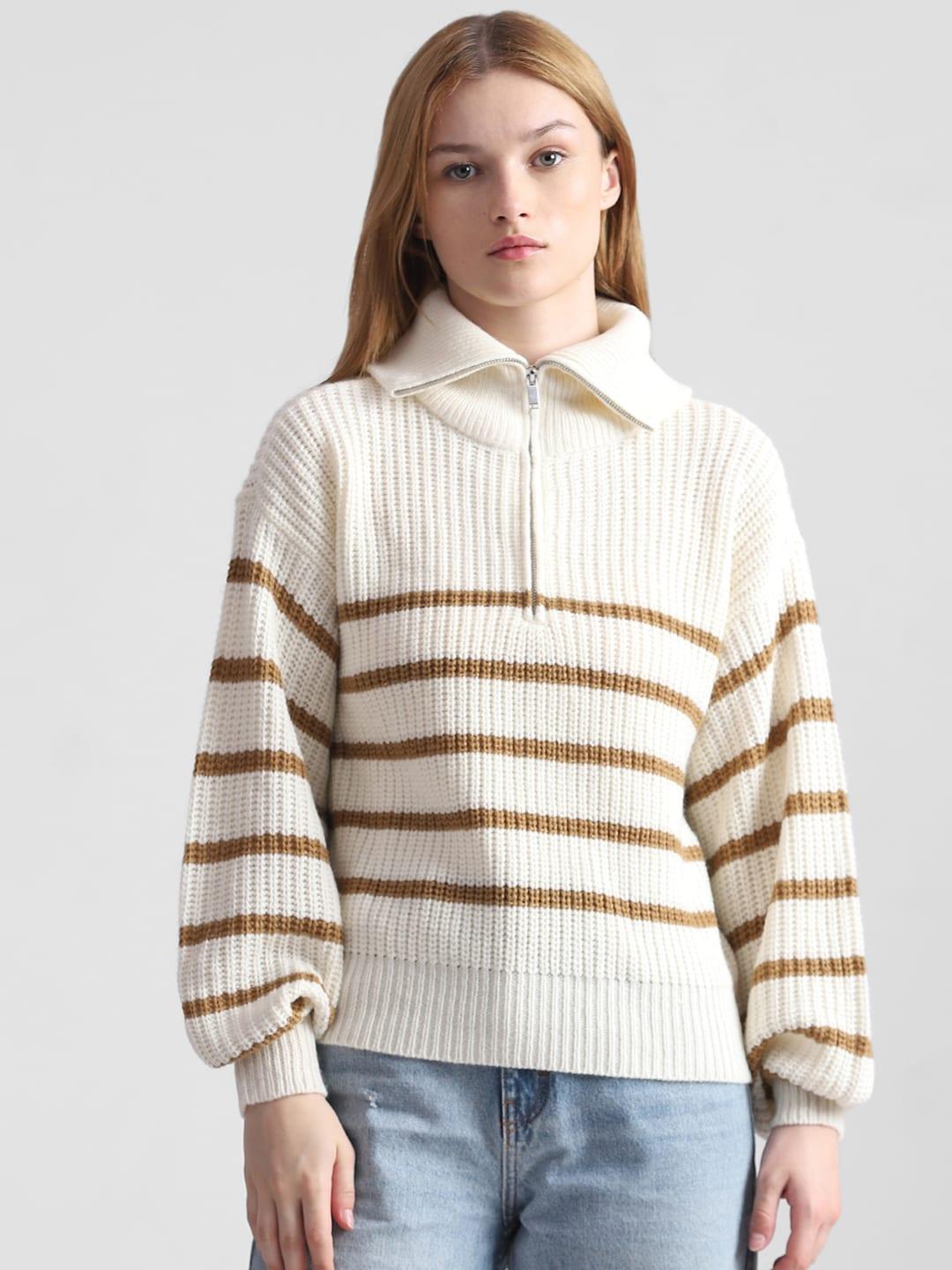 ONLY Striped Turtle Neck Front-Open Sweaters