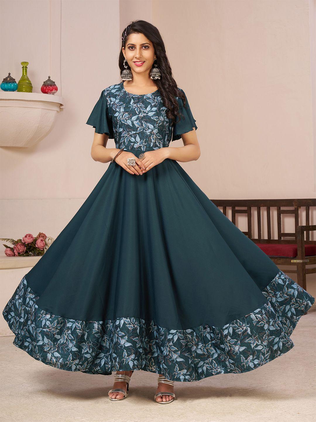 KALINI Round Neck Floral Flared Sleeve Print Crepe Maxi Dress