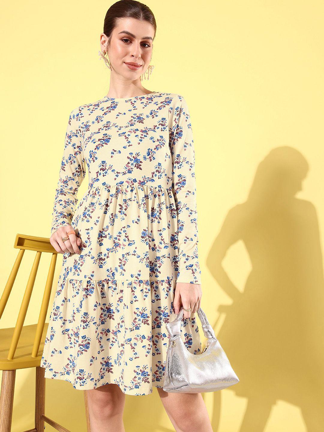 Mast & Harbour Floral Printed Long Sleeves Tiered Dress