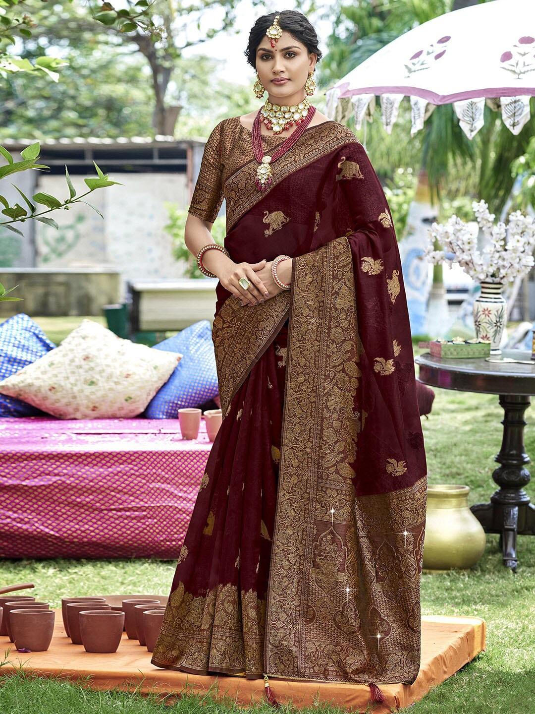 satrani-maroon-&-gold-toned-ethnic-motifs-woven-design-zari-tissue-saree