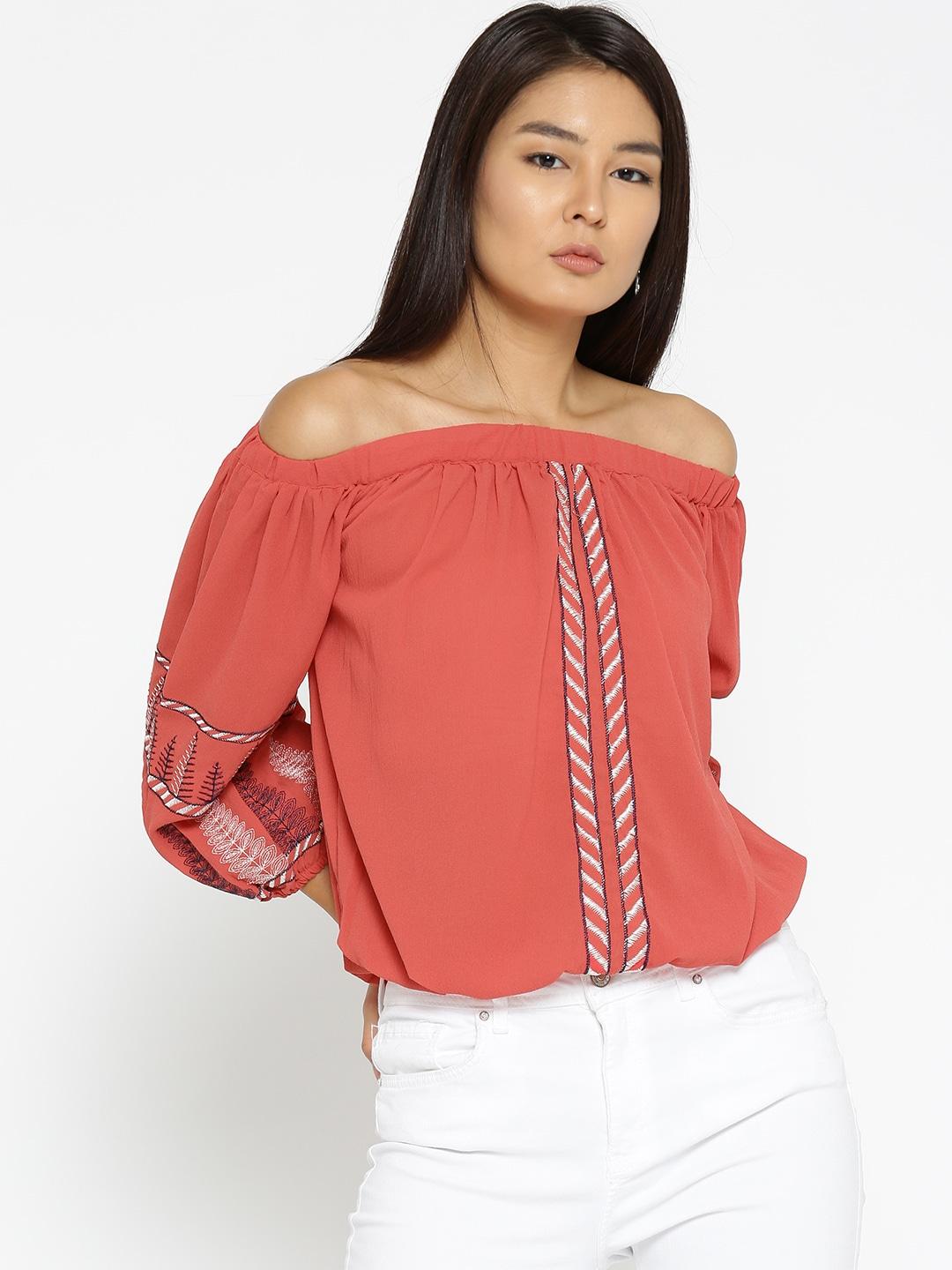 Noi Women Coral Pink Embroidered Detail Bardot Top
