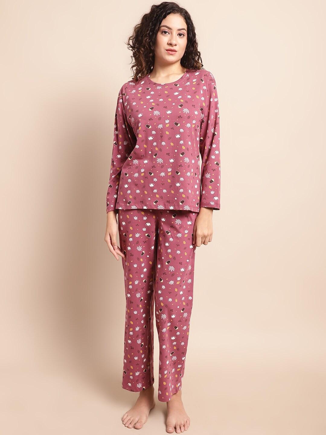 Kanvin Women Lavender & White Conversational Printed Pure Cotton Tshirt & Pyjamas