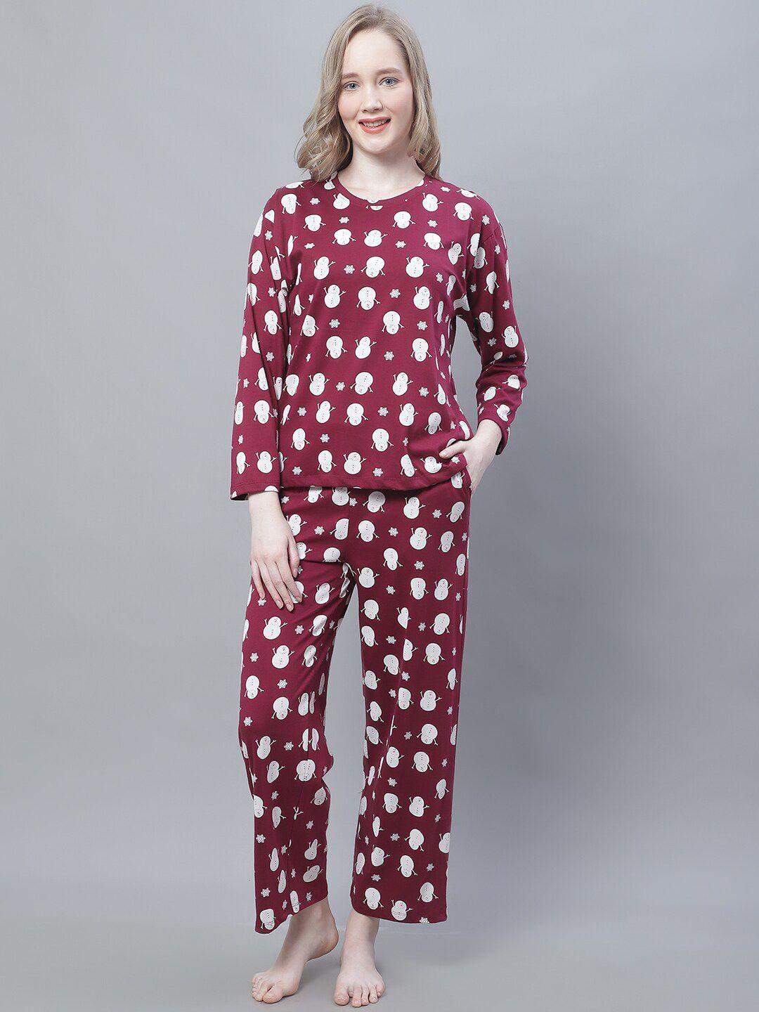 Kanvin Maroon & White Conversational Printed Pure Cotton Night Suit