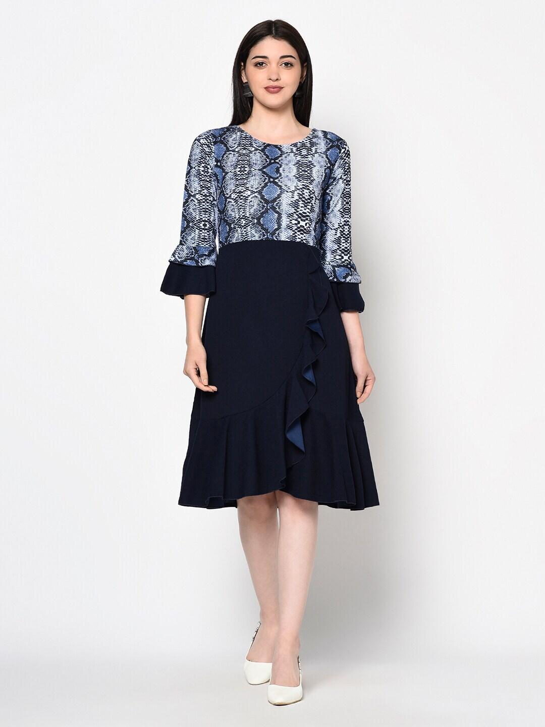 Miss Grace Abstract Printed Bell Sleeves Ruffles Detailed Fit & Flare Dress