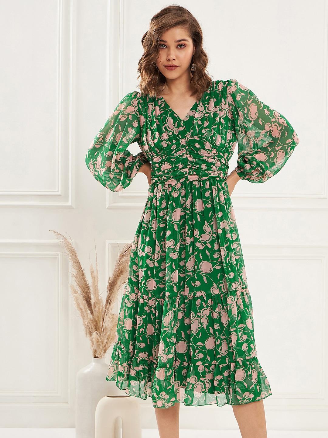 antheaa-green-floral-printed-v-neck-puff-sleeve-pleated-tiered-fit-&-flare-dress